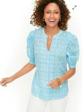 Talbots Aqua Floral Pintuck Pop over short sleeved Blouse